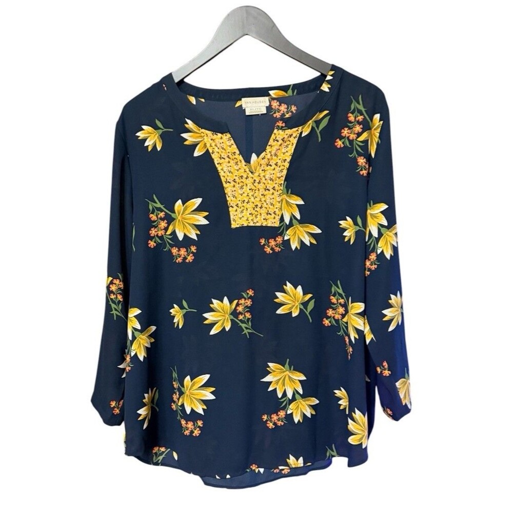 Van Heusen Navy With Yellow Floral Inset V Neck Top Blouse Size X-Large